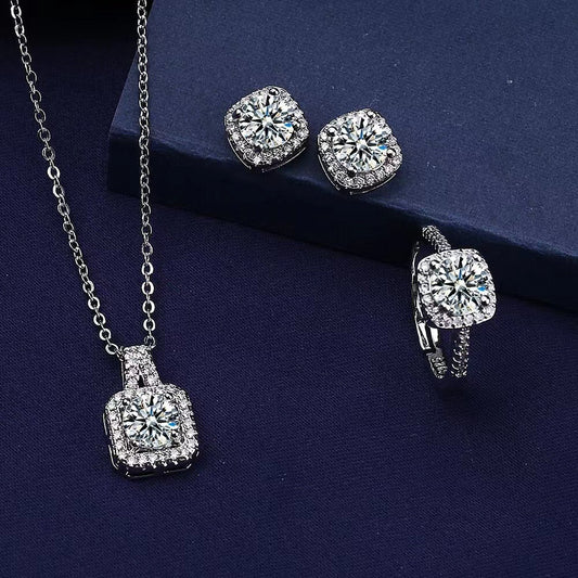 Square Women's Fashion Simple Necklace Rings Ear Studs Three-piece Set