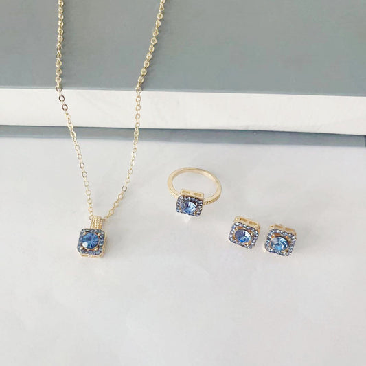 Square Women's Fashion Simple Necklace Rings Ear Studs Three-piece Set